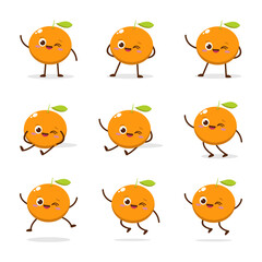 Cute Smiling Orange Character. Kawaii Orange Fruit Mascot Style Vector. Cute vector character set in various action emotions. Collection symbols isolated on a white background