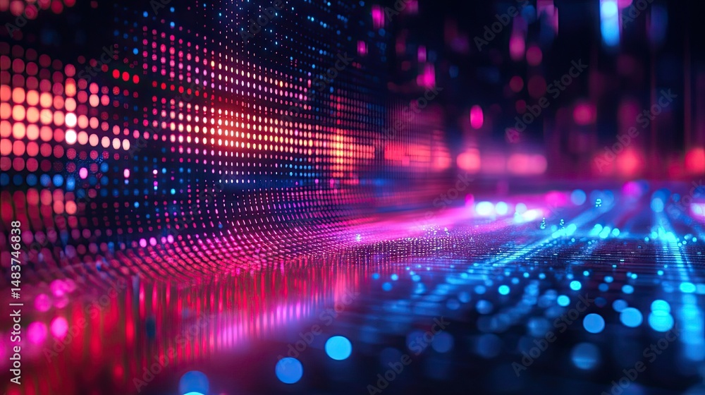 Poster abstract digital landscape with glowing dots and lines in blue and red colors creating a futuristic 
