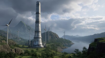Obraz premium Tall industrial structure amidst a scenic landscape.