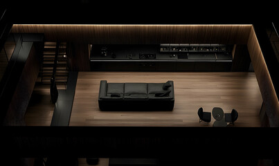 Modern home theater room interior design dark wood black leather furniture