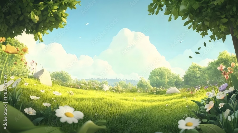 Aufkleber 緑の牧草地とデイジーの咲く丘と青空の広がる美しい夏の日の風景