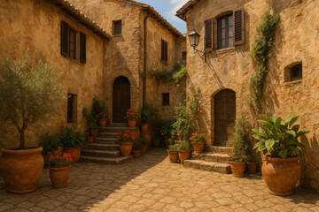 Fototapeta premium Potted plants in a courtyard.