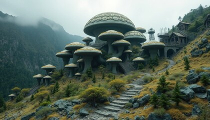 Mushroom village fantasy landscape, mountain vista, cinematic, architectural