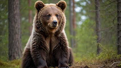 Fototapeta premium Adorable Baby Bear Standing Beside Protective Adult in Serene Forest – Photorealistic Wildlife Scene