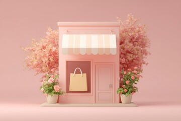 Pastel Pink Storefront with Shopping Bag and Flowers 