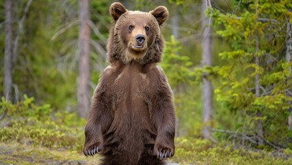 Fototapeta premium Adorable Baby Bear Standing Beside Protective Adult in Serene Forest – Photorealistic Wildlife Scene