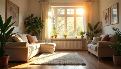 Bright sunlight streams into a home, illuminating dust motes dancing in the air as a room is freshly cleaned and organized , spotless, organized space