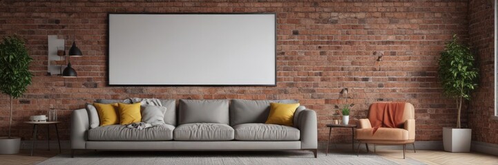 Cozy living room, poster mockup on brick wall with clips, wall, display