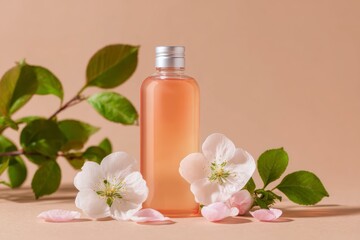 Peach Colored Facial Toner Bottle with Flower Petals on Beige Background