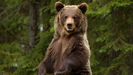 Fototapeta premium Adorable Baby Bear Standing Beside Protective Adult in Serene Forest – Photorealistic Wildlife Scene