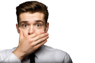 Surprised man covering his mouth with his hand against a black solid background