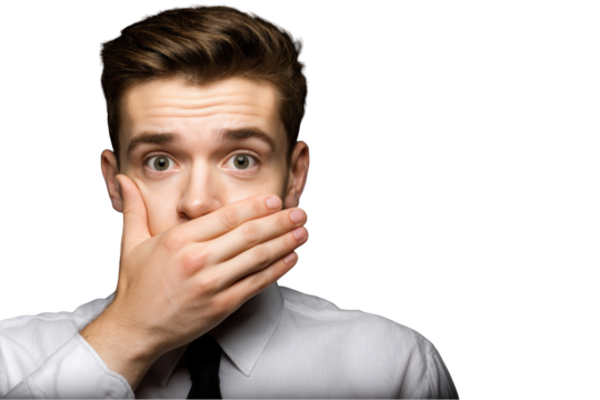 Surprised man covering his mouth with his hand against a black solid background