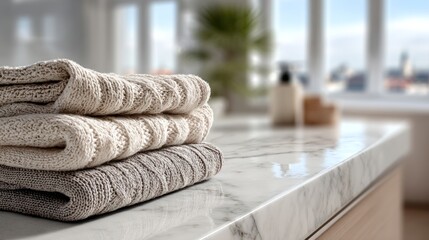 Stack of folded towels on a marble countertop in a bright room.