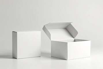 Two White Boxes Displayed Side by Side, One Closed and the Other Open with Its Lid Raised, Showcasing Simple and Clean Packaging Design
