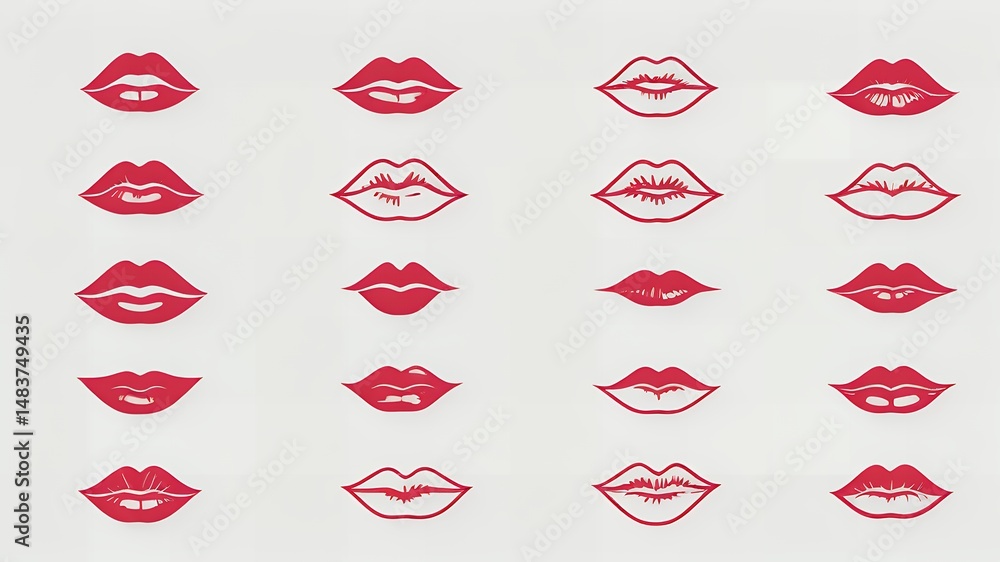 Poster a collection of red lip illustrations arranged in a grid pattern on a white background