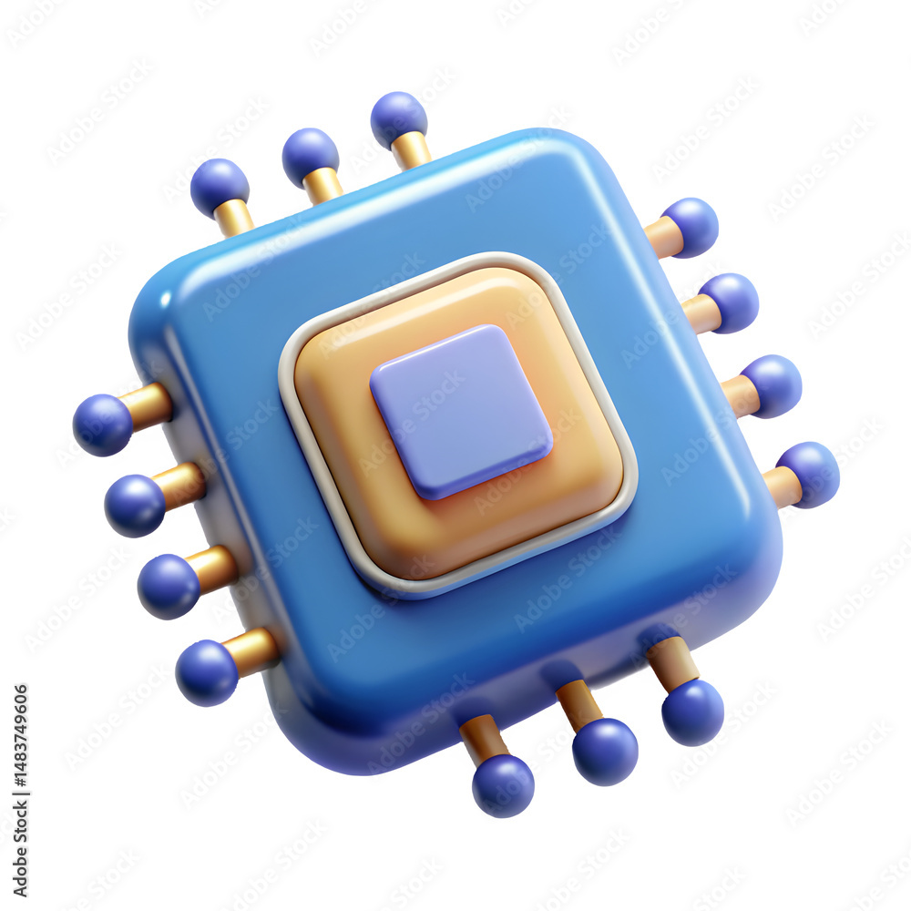 Poster blue and orange 3d rendered microchip icon, isometric view. 3d rendering isolated on transparent bac