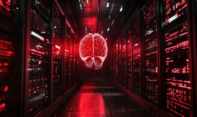 Evil red AI brain in data center. Danger of strong artificial intelligence, threat to humanity, future risk of bad scenario, creating dangerous ASI, scary
