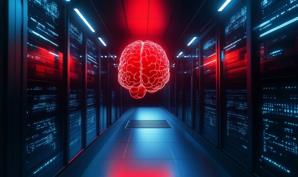 Evil red AI brain in data center. Danger of strong artificial intelligence, threat to humanity, future risk of bad scenario, creating dangerous ASI, scary