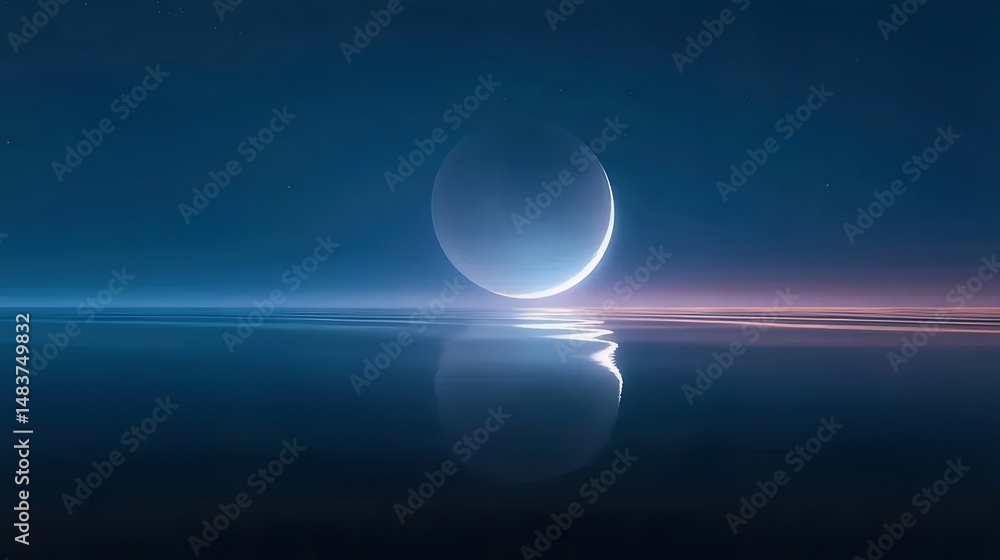 Poster 水面に反射するクレセントムーンと星空が広がる夜の穏やかな風景 静寂と神秘的な雰囲気を湛える背景