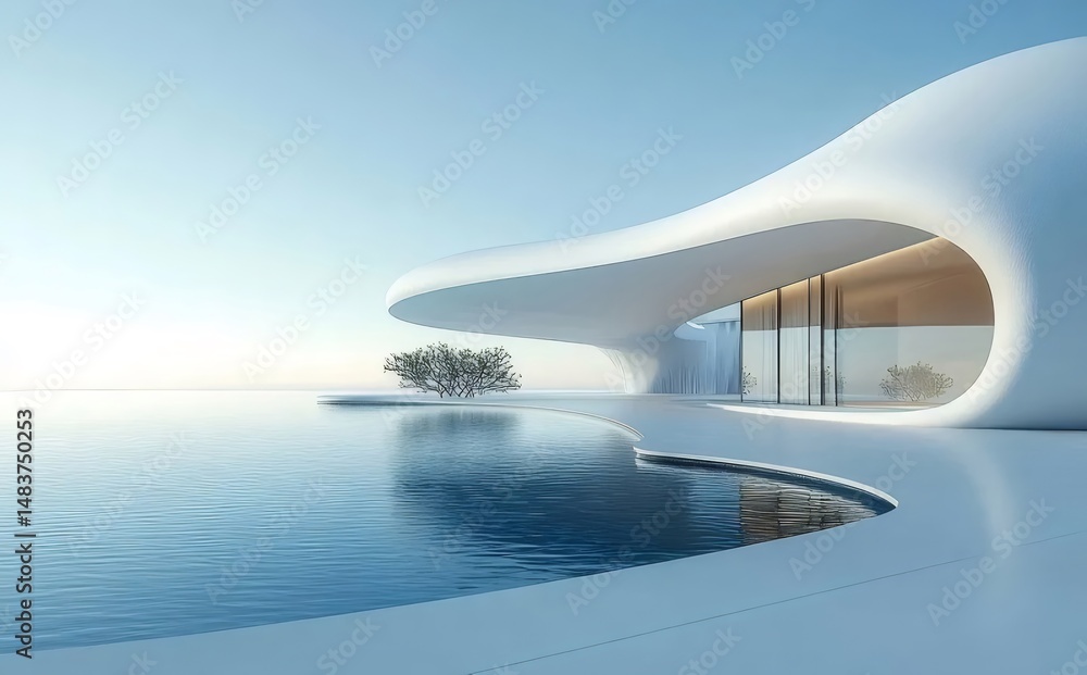 Poster 青い空の下の白い滑らかな現代的な家からの海景色と建築様式のデザイン