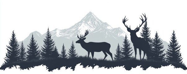 Black silhouette of deer mountains and forest fir trees camping landscape panorama illustration icon  for logo, isolated on white background