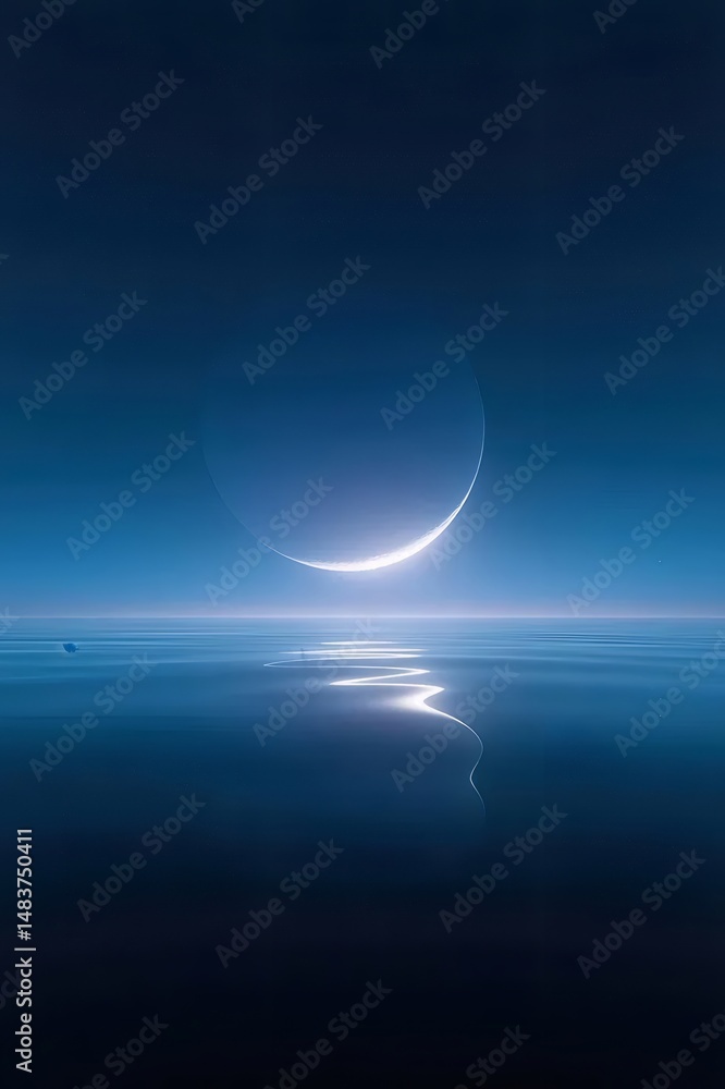 Poster 濃い青色の空に三日月が輝き、水面に反射する静かな夜の風景写真