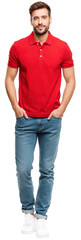 Man in jeans and red polo shirt isolated on transparent background looking at camera