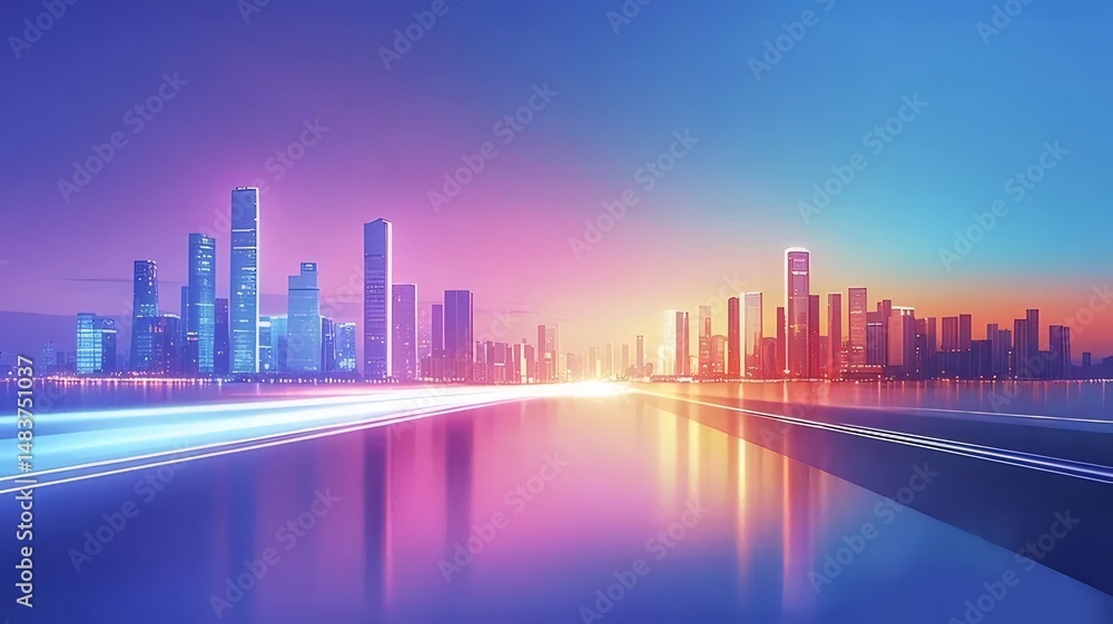 Poster 夕暮れ時の水面に映る紫と青のライトが輝く現代的な都市のスカイラインの抽象的な眺め