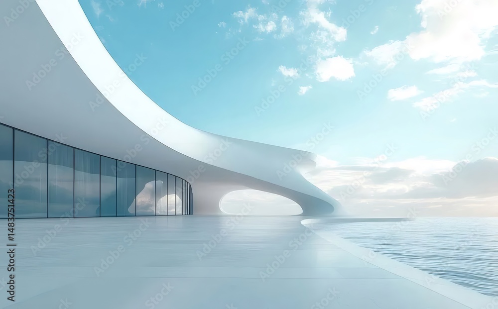 Aufkleber 白の現代建築が空と海に溶け込む曲線的なデザイン 抽象的な背景にミニマルな構造と透明感のある外観が特徴的な風景