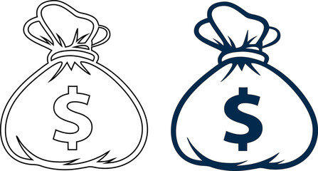 Money bag icon with dollar sign – black outline style vector for finance, savings, wealth, banking, investment, and budget-related projects.