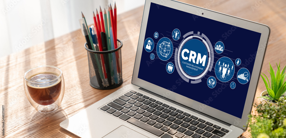 Poster customer relationship management system on modish computer for crm business and enterprise