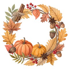 “Autumn wreath composed of dried leaves, acorns, pumpkins, and cinnamon sticks, warm earth tones in watercolor style, perfect for Thanksgiving designs and seasonal promotions”
