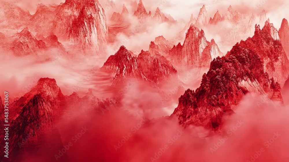Poster a stunning mountain range with red clouds in the sky. the mountains are a deep shade of red, creatin