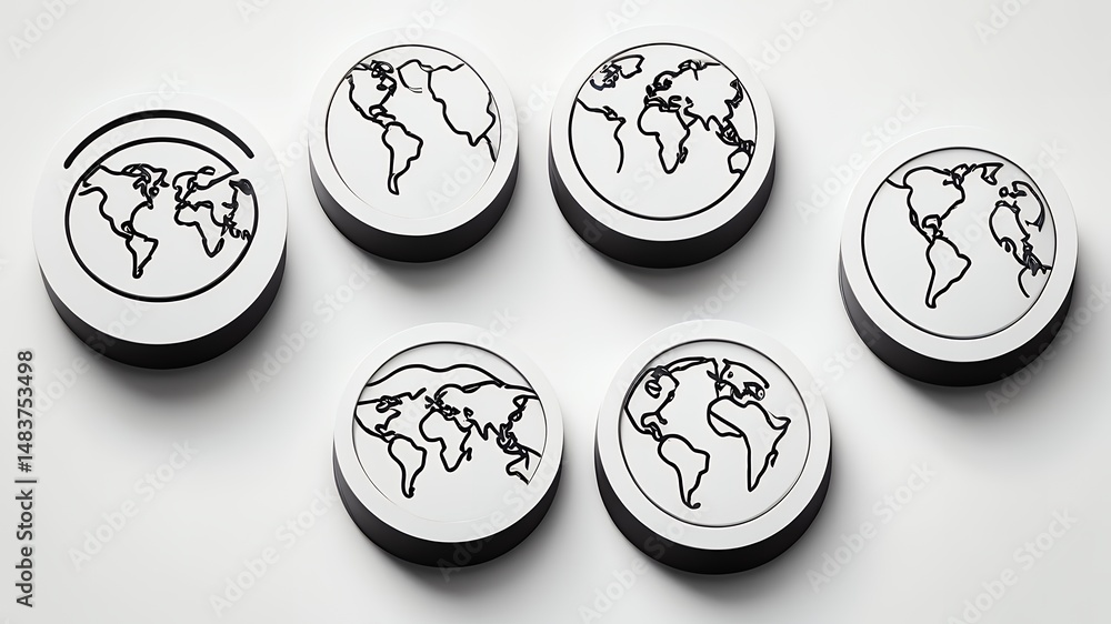 Poster seven round objects with world maps in black outline on a white surface arrangement view