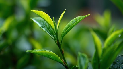Fototapeta premium Close up of green tea leaves with water droplets in natural light.