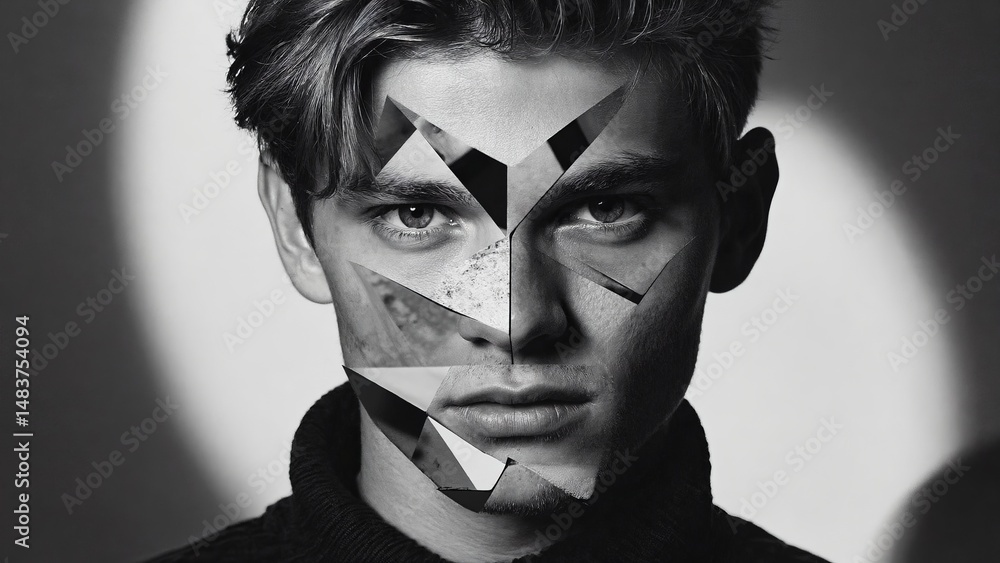 Poster portrait showcasing a fragmented abstract representation in gold with a model against a contrasting 