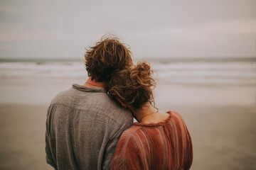 Fototapeta premium A couple stands close together on a sandy beach, with one person’s arm wrapped around the other.