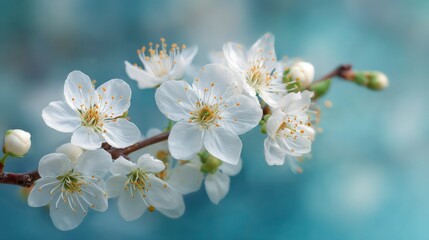 Obraz premium Macro Shot of Cherry Blossom Flowers in Full Bloom on a Soft Blue Spring Background