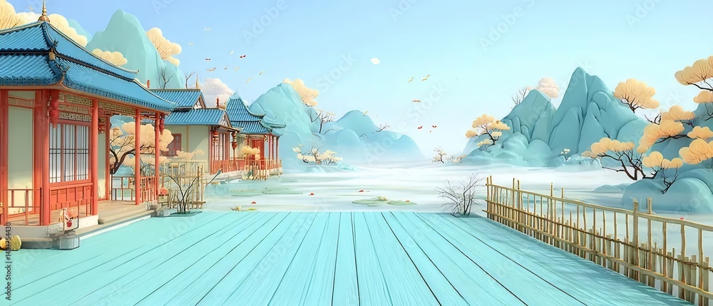 Aufkleber パステルカラーの湖畔の赤い建物と伝統的な屋根の風景イラストレーションと水面に映る山々のシルエット