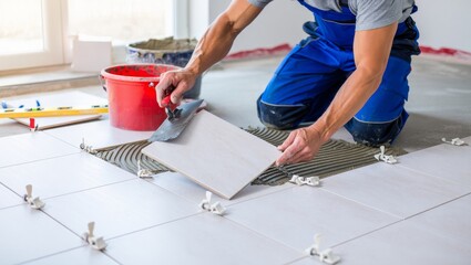 Skilled Worker Installing Ceramic Floor Tiles in Bright Modern Interior &ndash; Precision Tiling Process with Tools and Natural Light