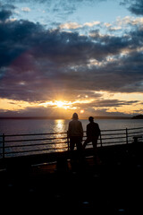silhouette of a couple on the beach looking into the sunset over the pacific 