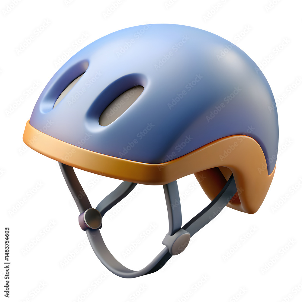 Poster stylish blue and gold bicycle helmet, three-quarter view. 3d rendering isolated on transparent backg