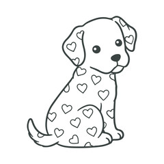 Cute cartoon puppy sitting with heart patterns on its fur in black and white outline style design