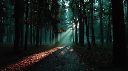 Obraz premium Misty forest path sunlight