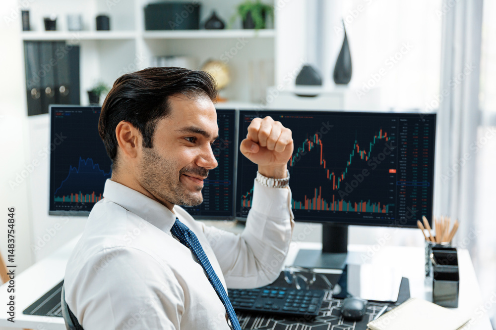 Poster smart trader businessman analyzing in two dynamic stock exchange investment screen on pc with invest
