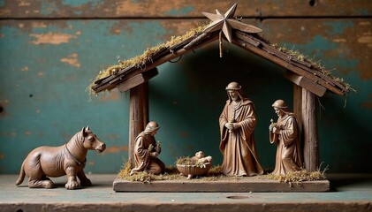 Antique nativity scene, weathered wood, rustic charm, Christmas decor , antique, detail, timeless