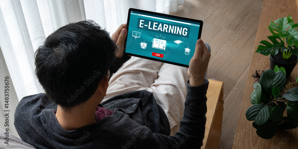Poster e-learning website with modish sofware for student to study online on the internet network