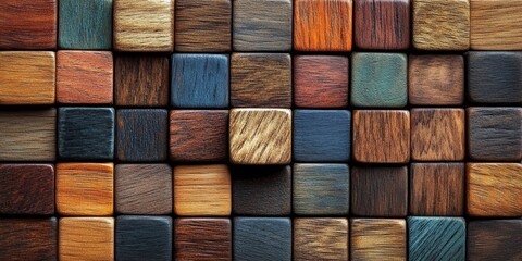 Obraz premium Wooden cube block puzzle shaped as home wide banner with copyspace area - Generative AI