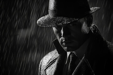 Noir movie, portrait of 40s detective standing under the rain. Generative AI