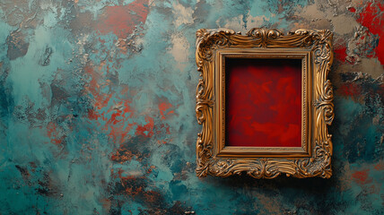Elegant Gold Frame Against Distressed Teal and Red Background with Dramatic Lighting and Rich Texture (8)